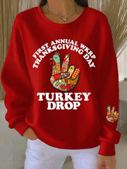 Women's Thanksgiving Turkey Print Casual Ribbed Round-Neck Sweatshirt