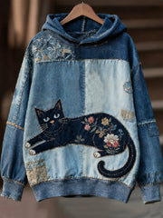 Women's Casual Patchwork Cat Print Hoodie