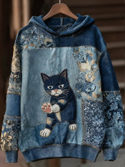 Women's Casual Patchwork Cat Print Hoodie