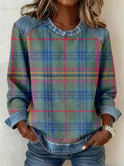 Women's Vintage Plaid Pattern Denim Patchwork Sweatshirt