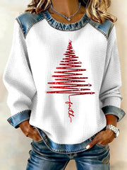 Women's Faith Christmas Tree Denim Patchwork Top