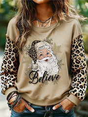 Women's Believe Santa Claus Leopard Print Christmas Casual Sweatshirt