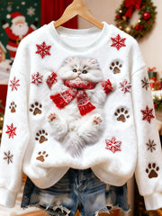 Women's Cute Christmas Cat Art Print Casual Flannel Sweatshirt