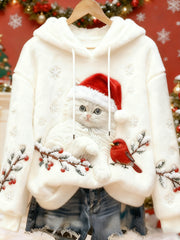 Women's Cute Christmas Cat Art Print Casual Flannel Hoodie