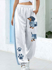 Women's Denim Patchwork Art Dachshund Pattern Pants