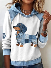 Women's Dachshund Pattern Denim Patchwork Art Hoodie