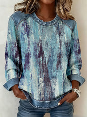 Women's Vintage Abstract Art Print Denim Patchwork Sweatshirt