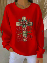 Women's Jesus Is The Reason For The Season Cross Ribbed Round-Neck Sweatshirt