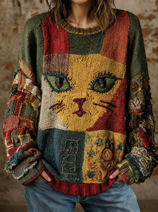 Women's Geometric Cat Print Vintage Tops