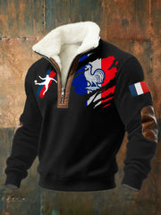 Men's France Soccer Print Plush Stand Collar Shirt