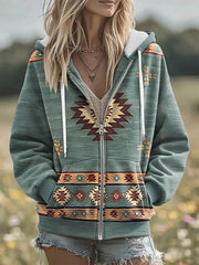 Women's Vintage Western Aztec Art Zip-Up Hoodie