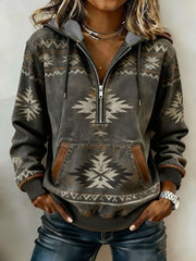 Women's Vintage Western Aztec Patchwork Hooded Zipper Hoodie