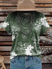 Women's Vintage Elegant Soft Western Flowers Art Cotton T-shirt Top