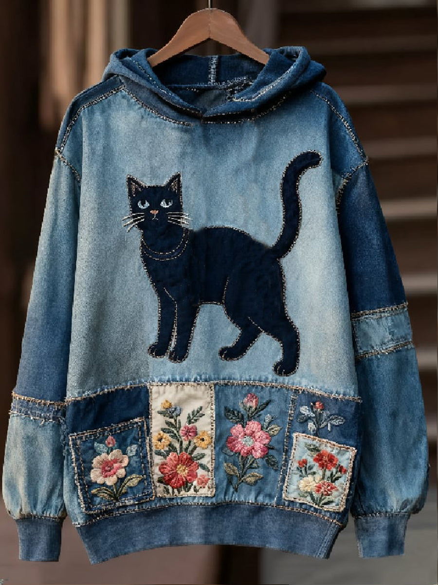 Women's Casual Patchwork Cat Print Hoodie