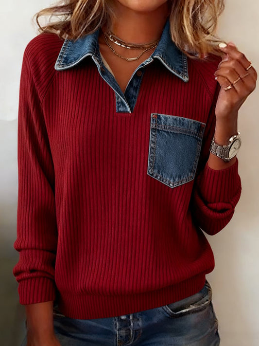 Women's Denim Patchwork Design Cozy Top