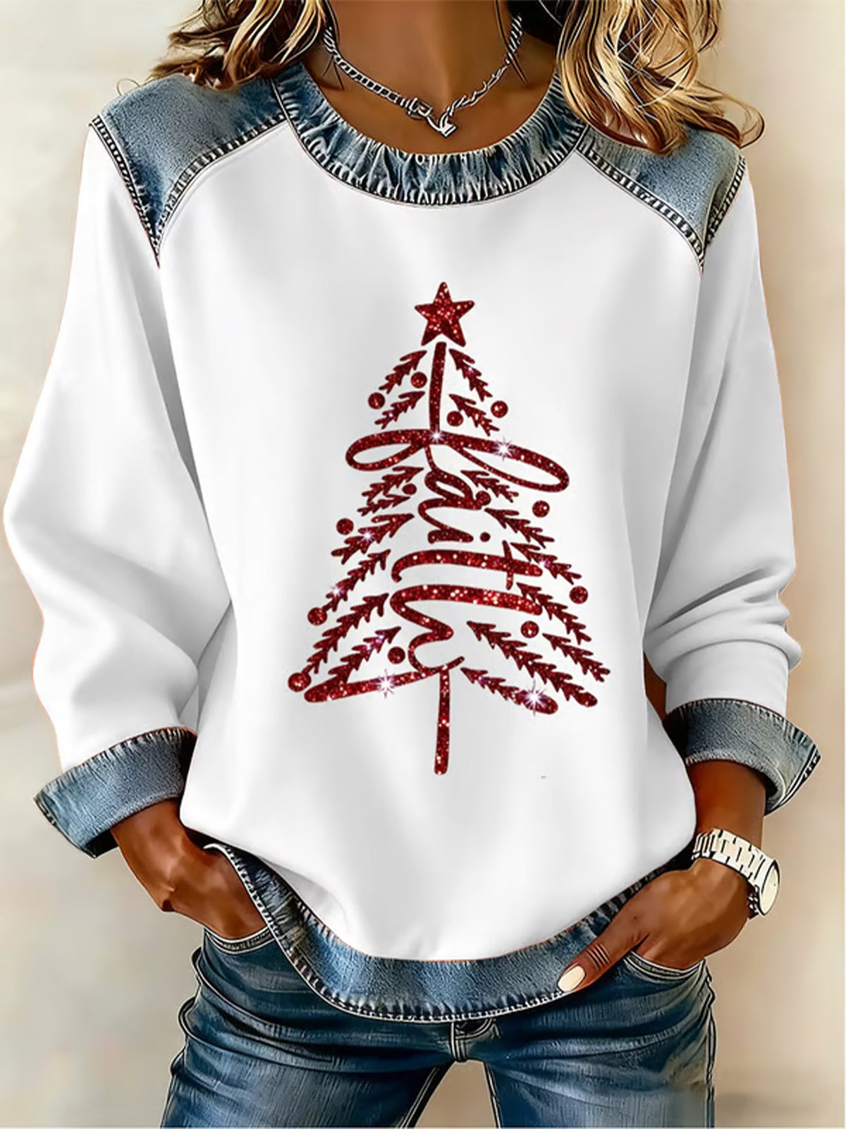 Women's Christmas Belief Pattern Patchwork Art Sweatshirt
