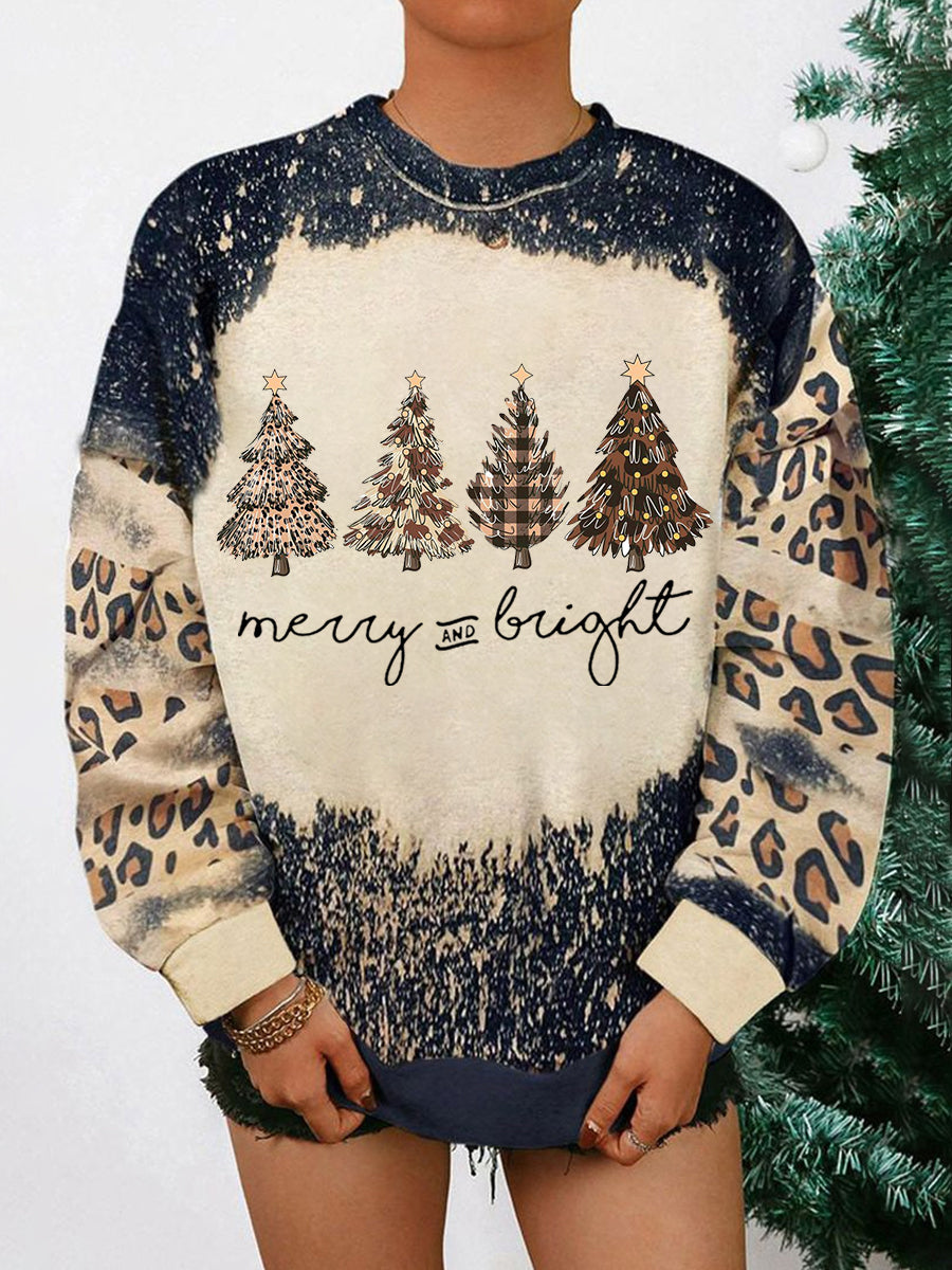 Women's Merry And Bright Leopard Christmas Tree Print Casual Sweatshirt