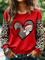 Women's Christmas Leopard Santa Claus Love Heart Print Casual Sweatshirt