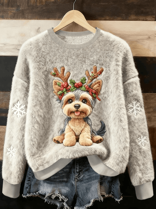 Women's Cute Christmas Dog Art Print Casual Flannel Sweater