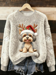 Women's Cute Christmas Dog Art Print Casual Flannel Sweater