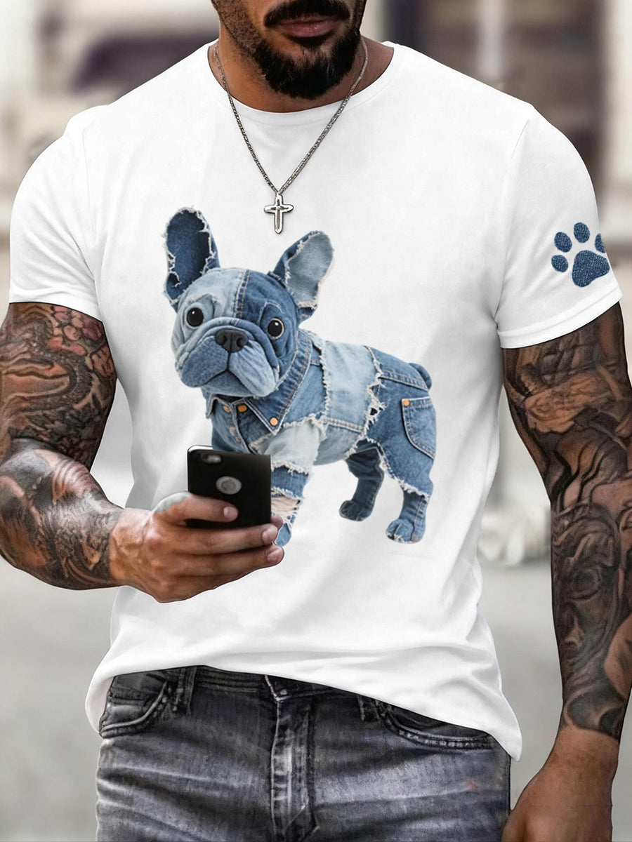 Men's Denim Patchwork Art French Bulldog Pattern T-Shirt