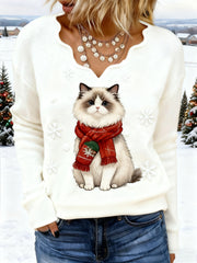 Women's Christmas Cute Ragdoll Cat Print Cat Mom Gift Casual V-Neck Top