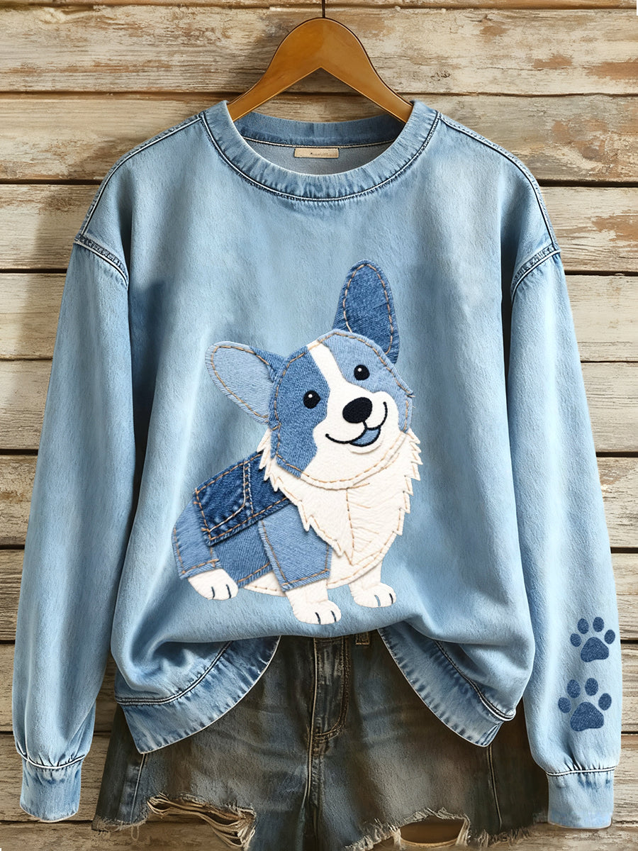 Women's Denim Patchwork Art Corgi Pattern Sweatshirt