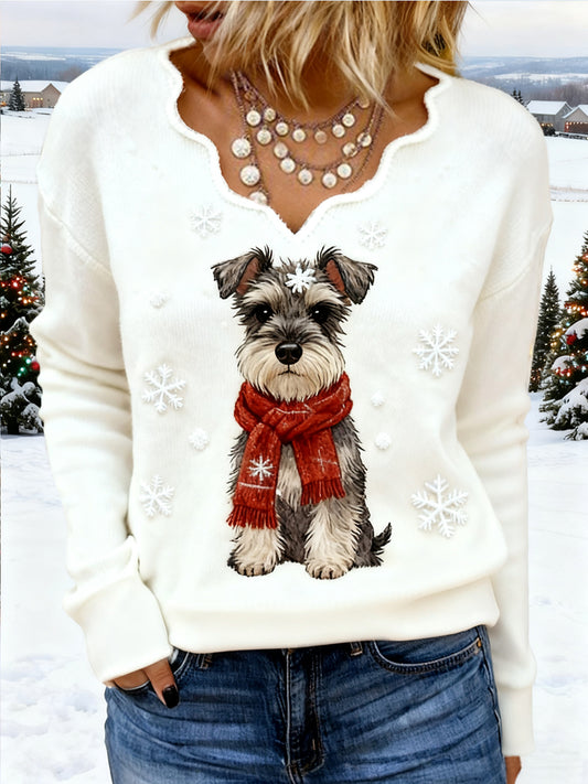 Women's Christmas Cute Schnauzer Print Dog Mom Gift Casual V-Neck Top
