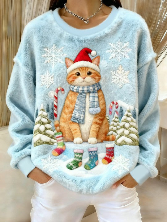 Women's Vintage Christmas Cat Printed Flannel Sweatshirt