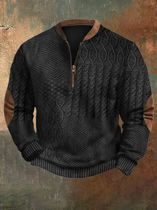 Men's Vintage Cable Pattern Print Casual Zipper Sweatshirt