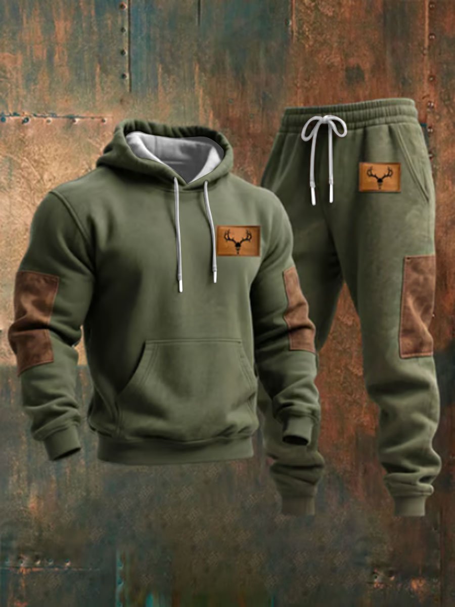 Men's Retro Casual Color Block Hoodie Set
