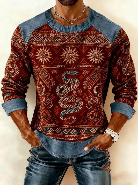 Men's Vintage Western Denim Patchwork Printed Sweatshirt