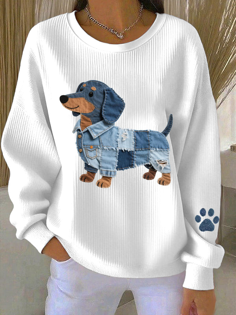 Women's Denim Patchwork Art Dachshund Pattern Sweatshirt