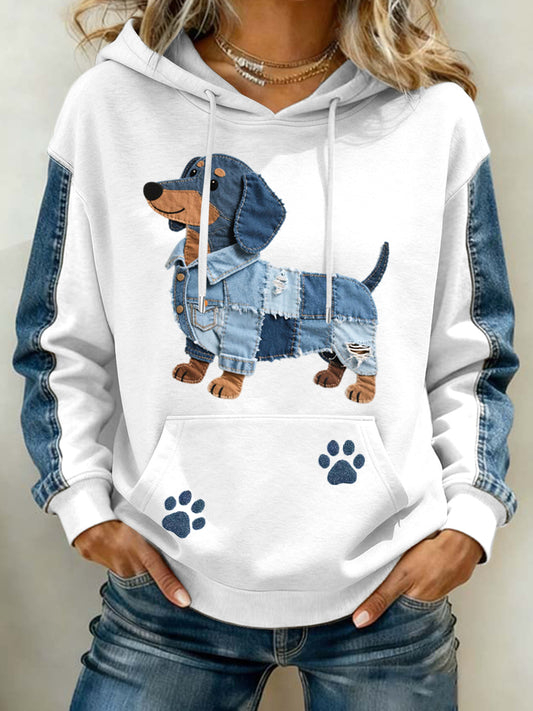 Women's Lovely Dachshund Pattern Denim Patchwork Art Hoodie