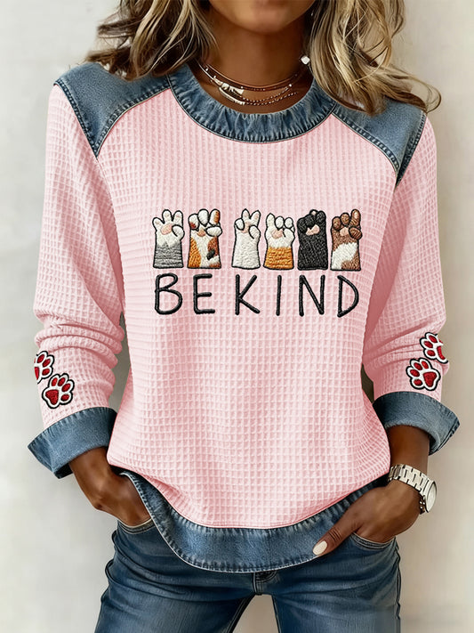 Women's Cut Cat Paws Printed Denim Patchwork Top