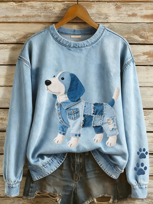 Women's Denim Patchwork Art Beagle Dog Pattern Sweatshirt