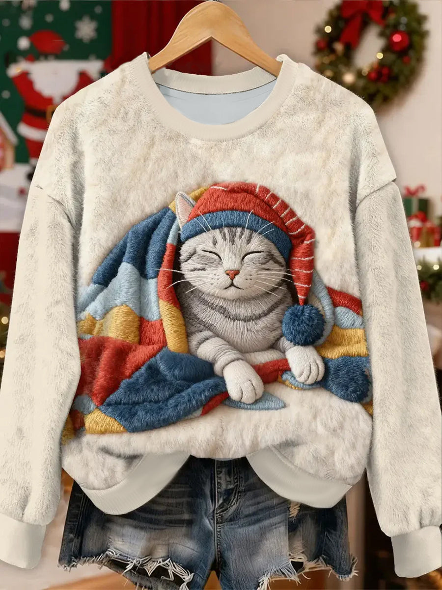 Women's Cute Cat Pattern Flannel Hoodie