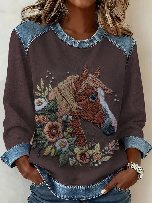 Women's Western Horse Art Denim Patchwork Top