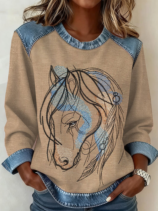 Women's Western Horse Art Denim Patchwork Top