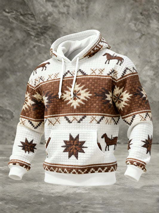 Men's Vintage Western Printed Checkered Cotton Hoodie
