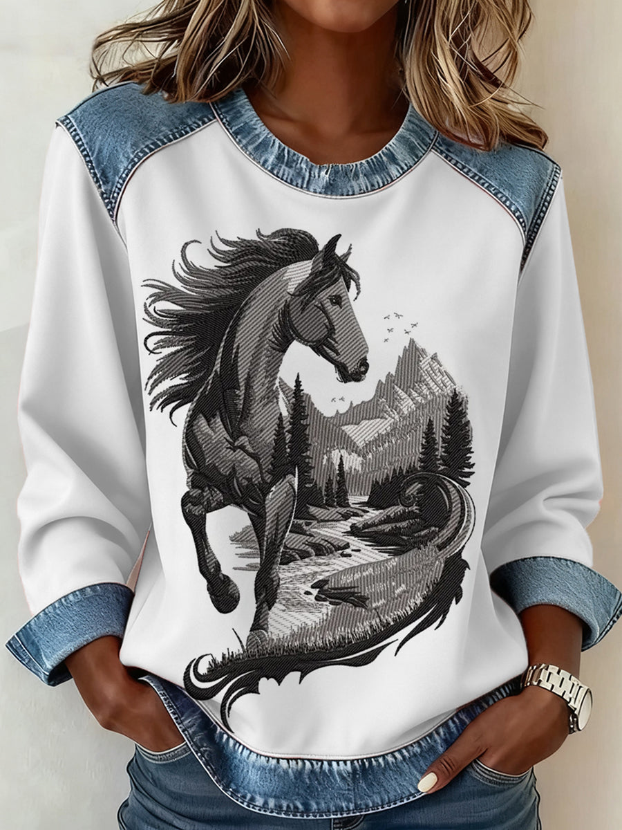 Women's Western Horse Art Denim Patchwork Top