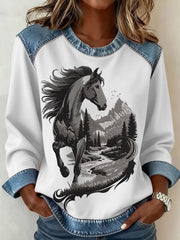 Women's Western Horse Art Denim Patchwork Top