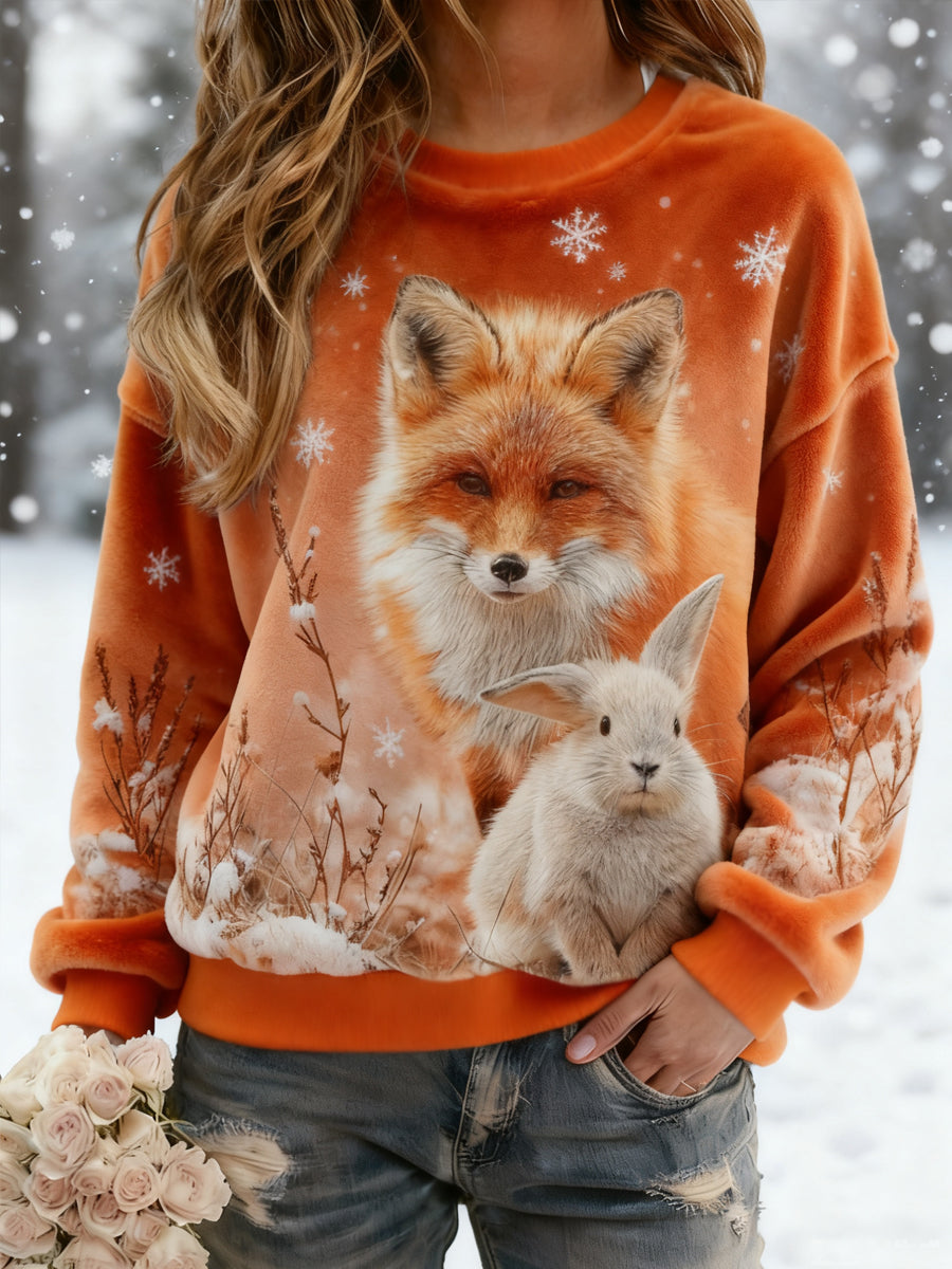 Women's Best Partner Fox And Bunny Print Casual Flannel Sweatshirt