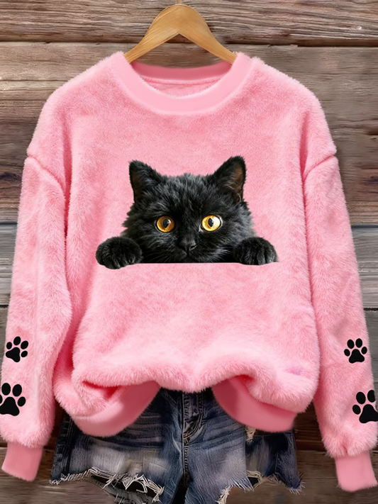 Women's Fun Animal Cat Printed Flannel Sweatshirt