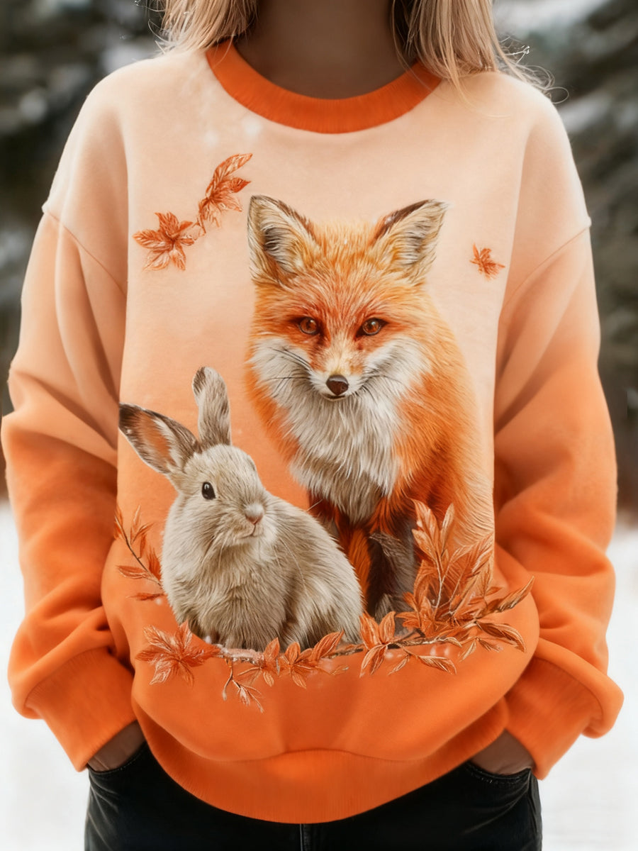 Women's Best Partner Fox And Bunny Print Casual Flannel Sweatshirt