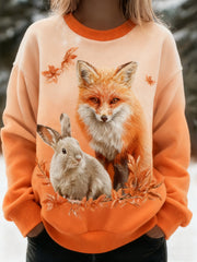 Women's Best Partner Fox And Bunny Print Casual Flannel Sweatshirt