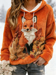Women's Winter Fox Print Casual Flannel Hoodie