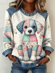 Women's cute dog print Denim Patchwork Top