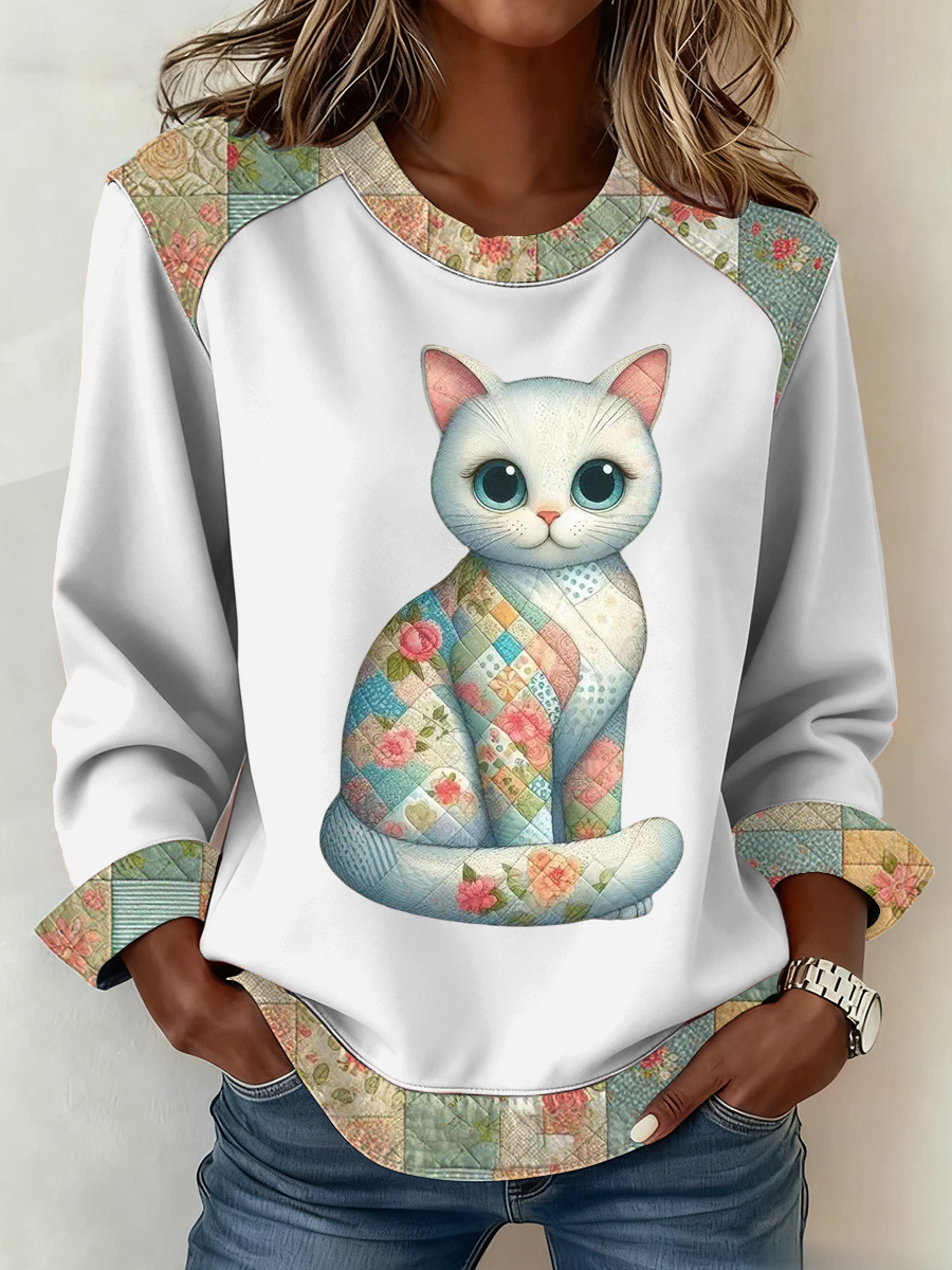 Women's Cute cat print Patchwork Top