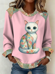 Women's Cute cat print Patchwork Top